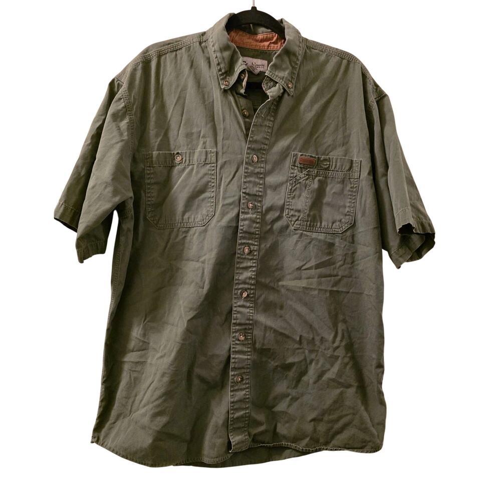 Carhartt Mens Relaxed Fit Button Down Short Sleeve Olive Green Shirt Large Tall